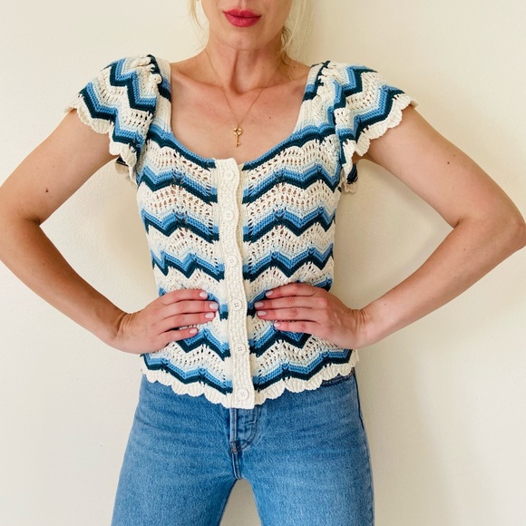 New Broadway 38 crochet knit striped boho button down sweater blouse zigzag top - Picture 4 of 8